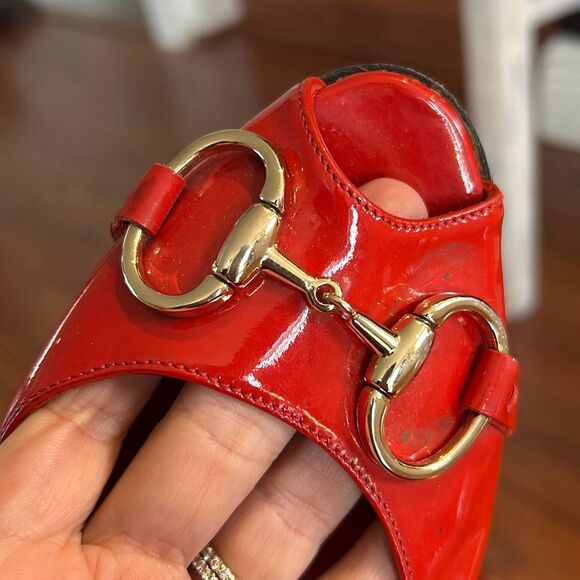 Gucci red Patton leather peep to flats with horse bit size 8.5 - Picture 4 of 8